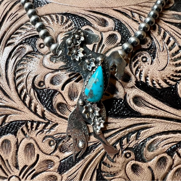 Sterling Silver Rearing Horse Turquoise Pendant Floral Southwestern - Picture 3 of 11